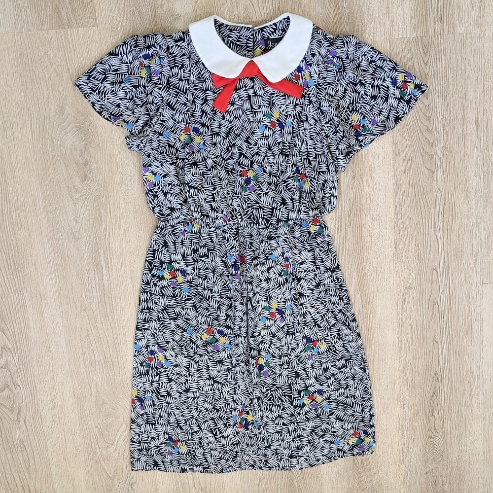 Vintage 80s Peter Pan Collar Abstract Dress L Bow Tie Blouson Art Teacher Quirky